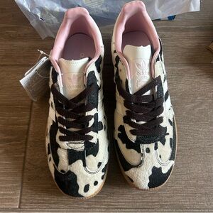 Adidas Black and White Cow Print Sneakers with Pink Highlights